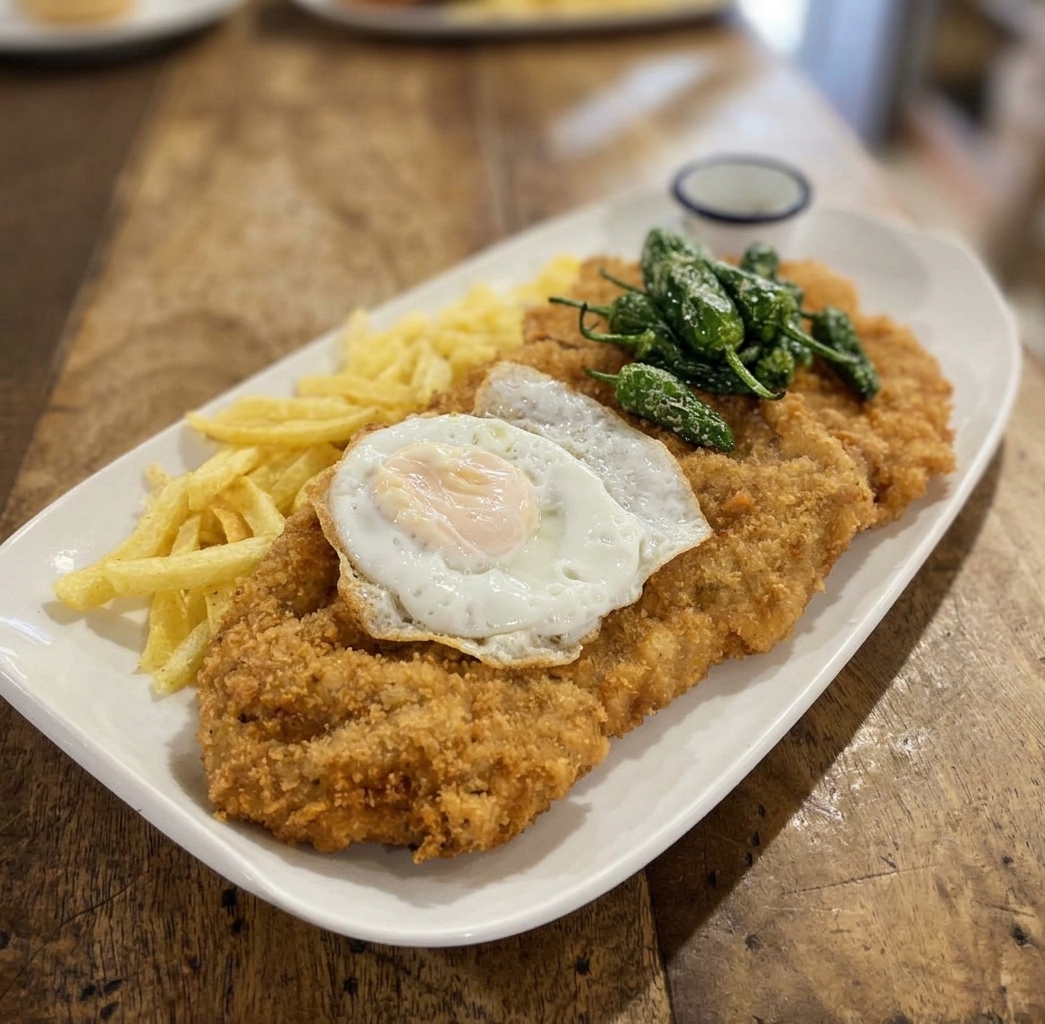 Cachopo con patatas, huevo y pimientos