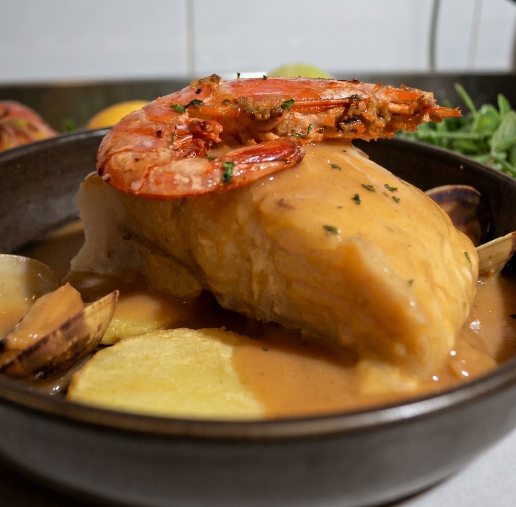 Merluza en salsa con langostino y almejas