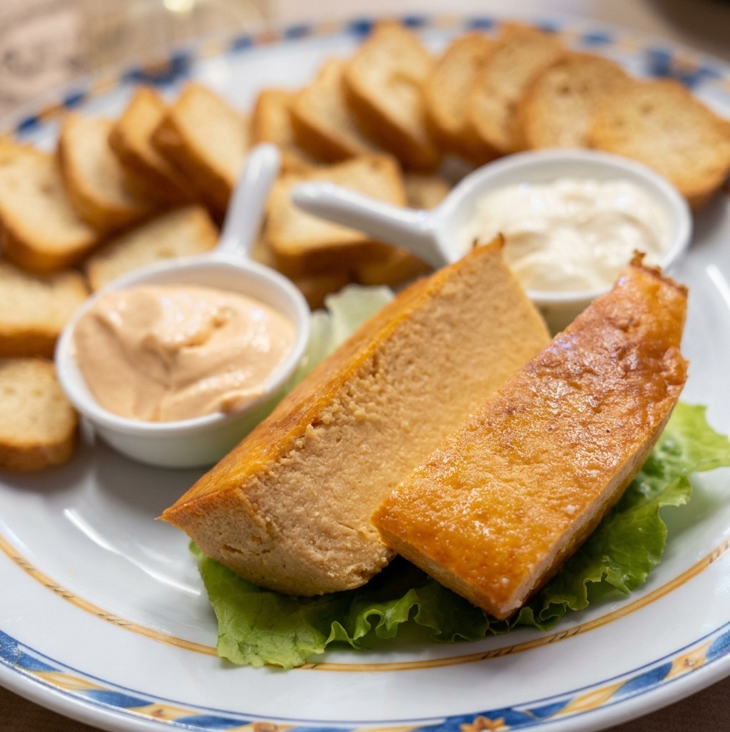 Pastel de mar con tostas y salsas