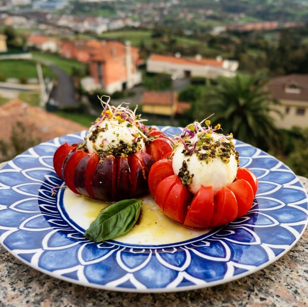 Ensalada de tomate con burrata y albahaca